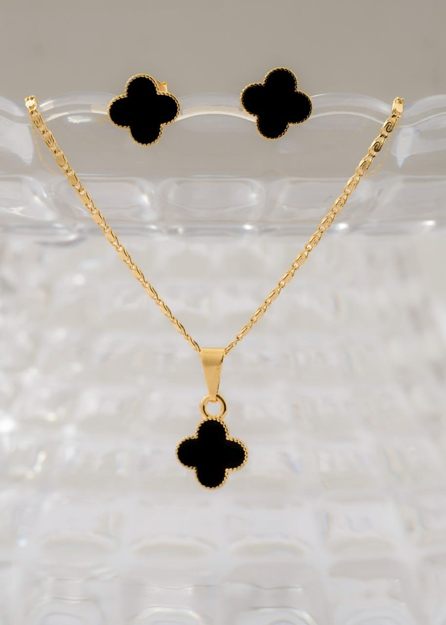 Conjunto Dama Cadena Caracol 45cm + Aretes y Dije Van Cleef Negro y Blanco