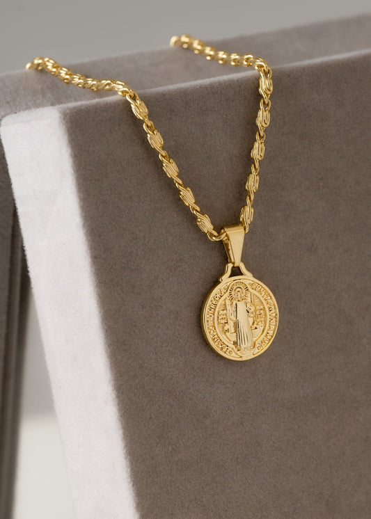 Combo Hombre Cadena Caracol Gruesa + Dije Medalla San Benito