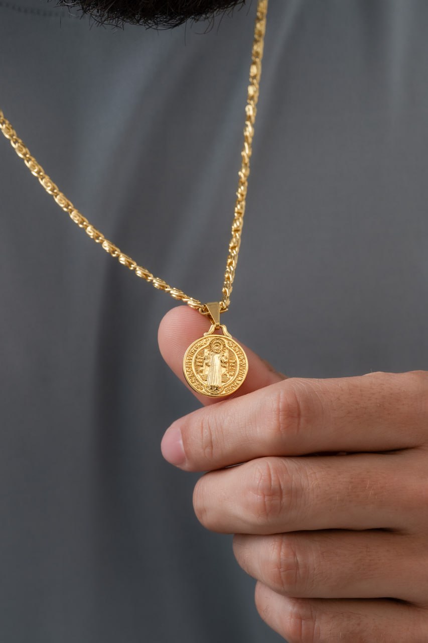 Combo Hombre Cadena Caracol Gruesa + Dije Medalla San Benito