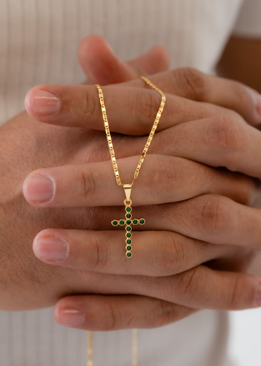 Combo Hombre Cadena Escalera Plana 65cm + Dije Cruz Verde