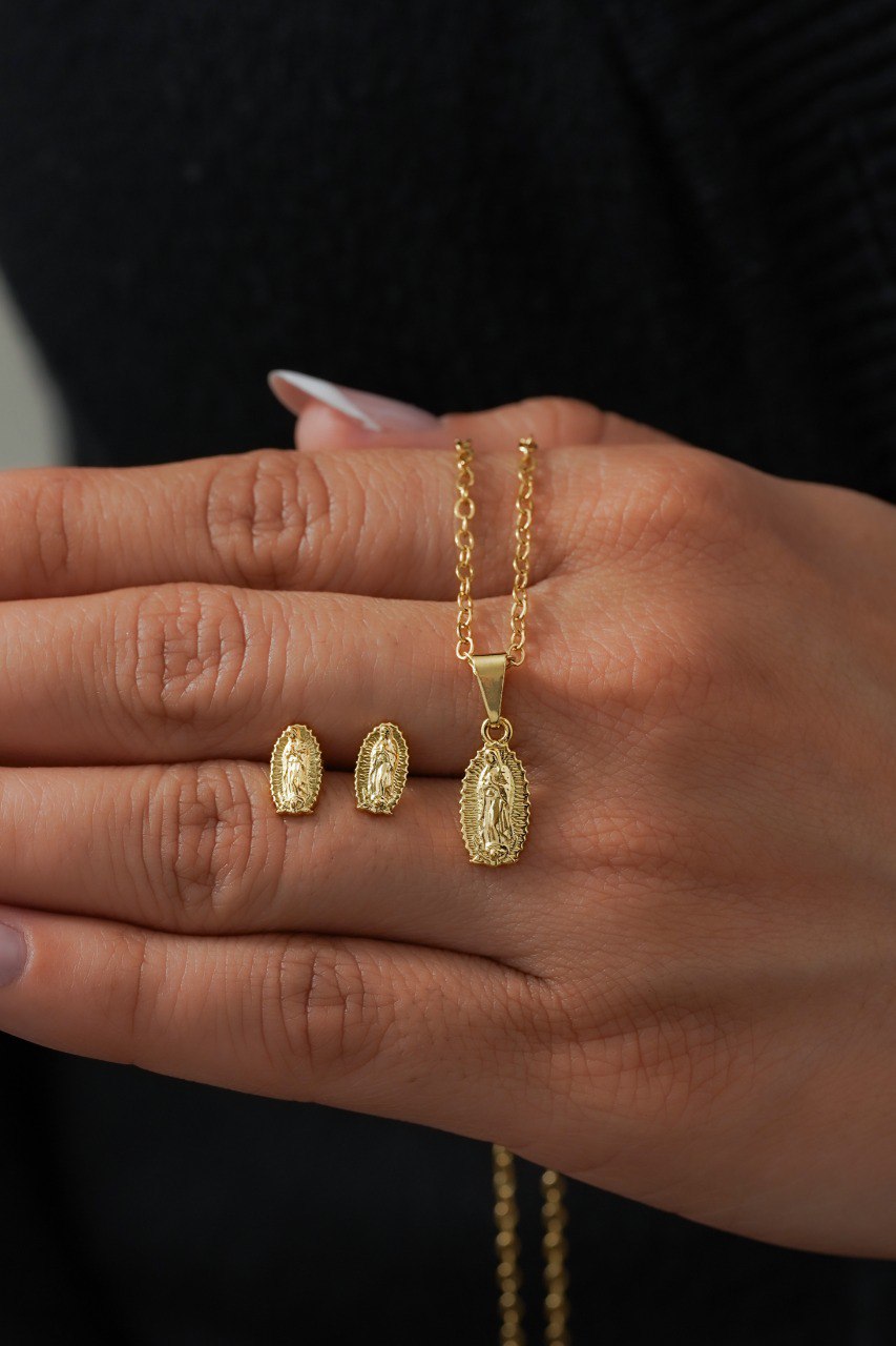 Conjunto Dama Cadena Aros 45cm + Dije Guadalupe finita + Arete Guadalupe