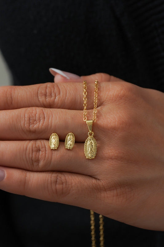 Conjunto Dama Cadena Aros 45cm + Dije Guadalupe finita + Arete Guadalupe