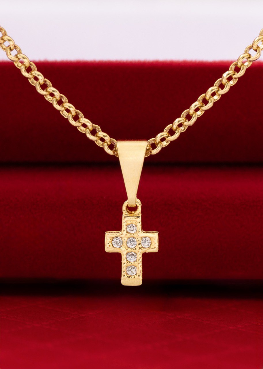 Conjunto Dama Cadena Aros 45cm + Dije Cruz mini circonias + Arete Cruz 6 Circonias