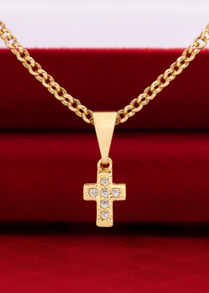 Conjunto Dama Cadena Aros 45cm + Dije Cruz mini circonias + Arete Cruz 6 Circonias